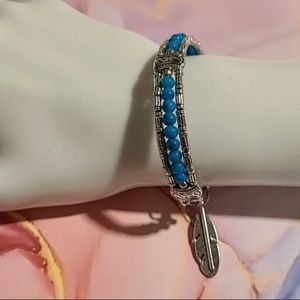 Turquoise Bead Bracelet with Feather Charm